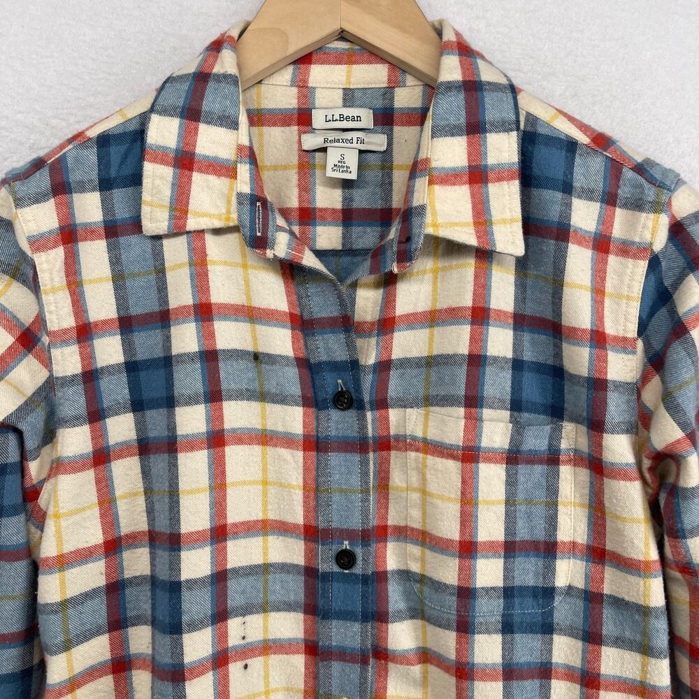 LL BEAN Top Womens S Scotch Plaid Flannel Shirt Relaxed Fit Button Up Ivory Blue - Picture 4 of 16